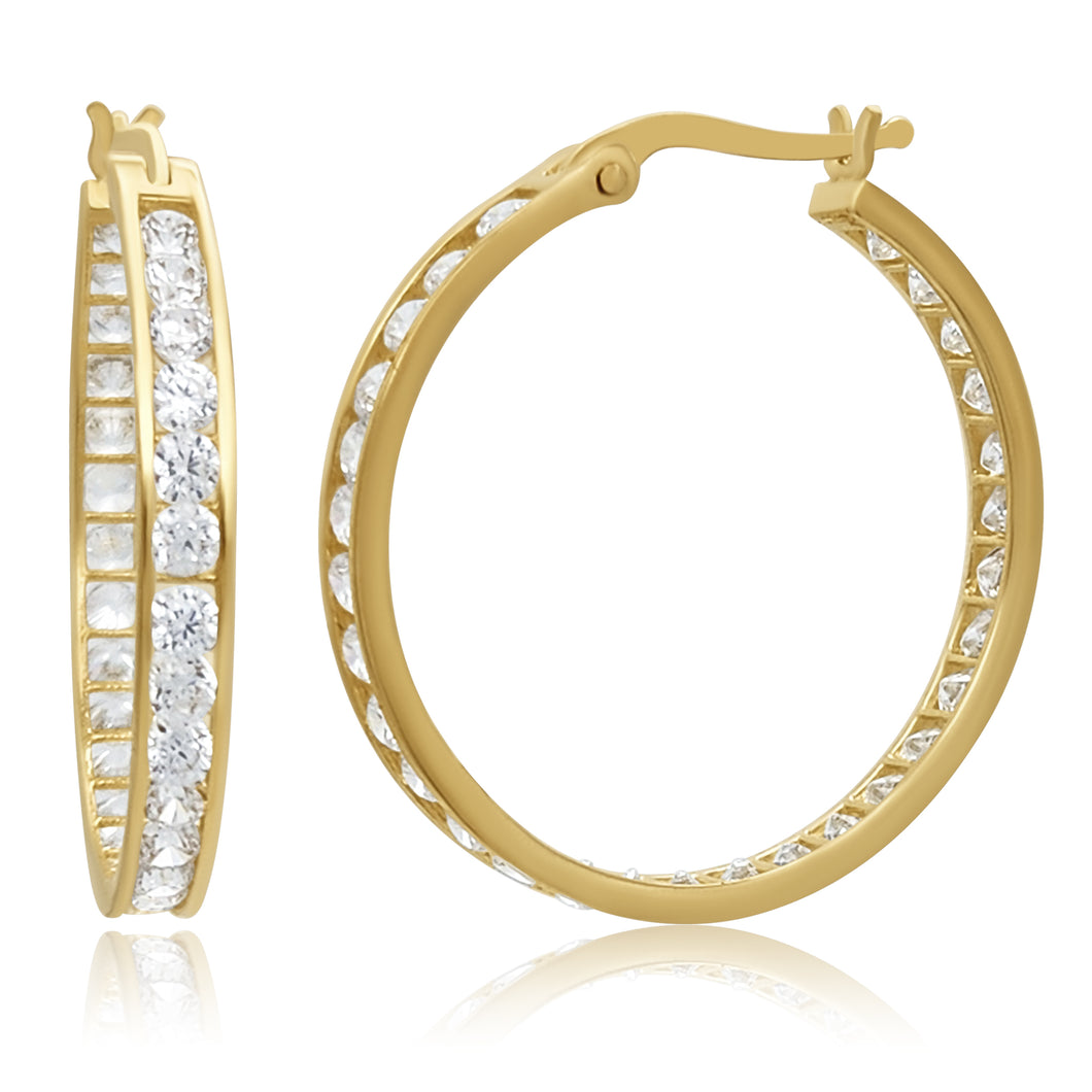 14k Solid Yellow Gold 32mm Crystal Huggie Hoop Earrings