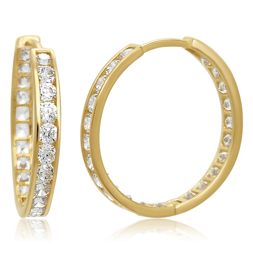 14k Solid Yellow Gold 27mm Crystal Huggie Hoop Earrings