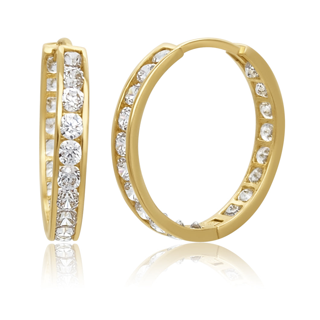 14k Solid Yellow Gold 22mm Crystal Huggie Hoop Earrings